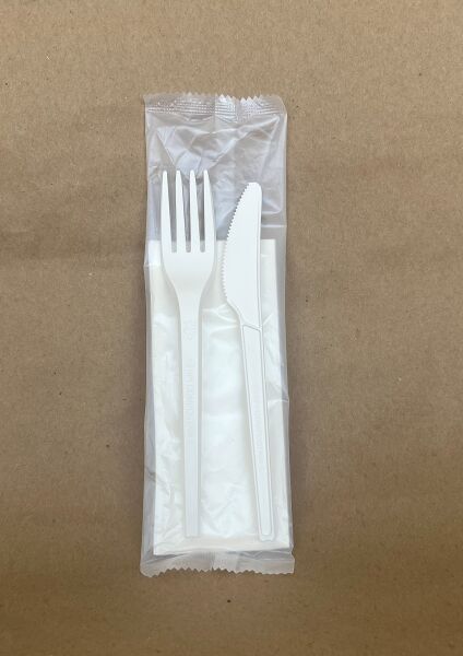 Cutlery set, PLA. Fork/Knife/Napkin/PLA Bag BPI